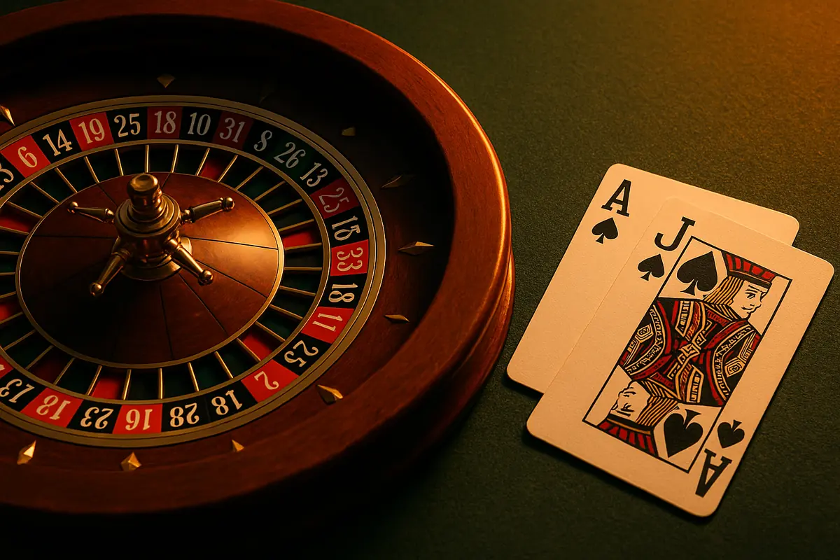 Roulette wheel and blackjack table